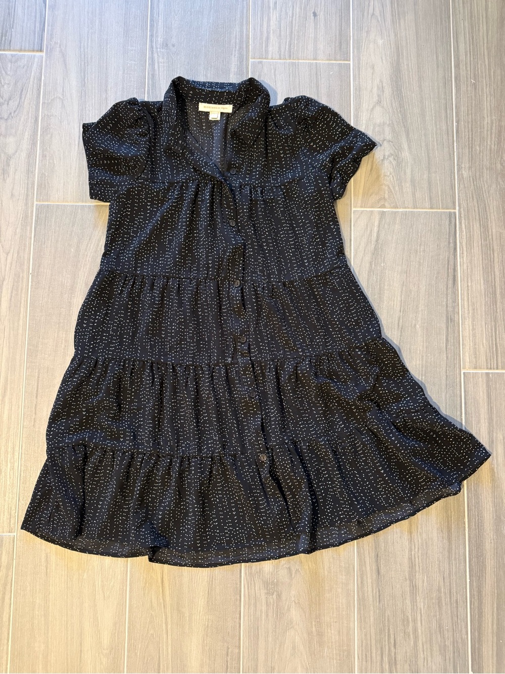 Monteau Black Short Sleeve Tiered Button-Front Mini Dress with White Dot Print